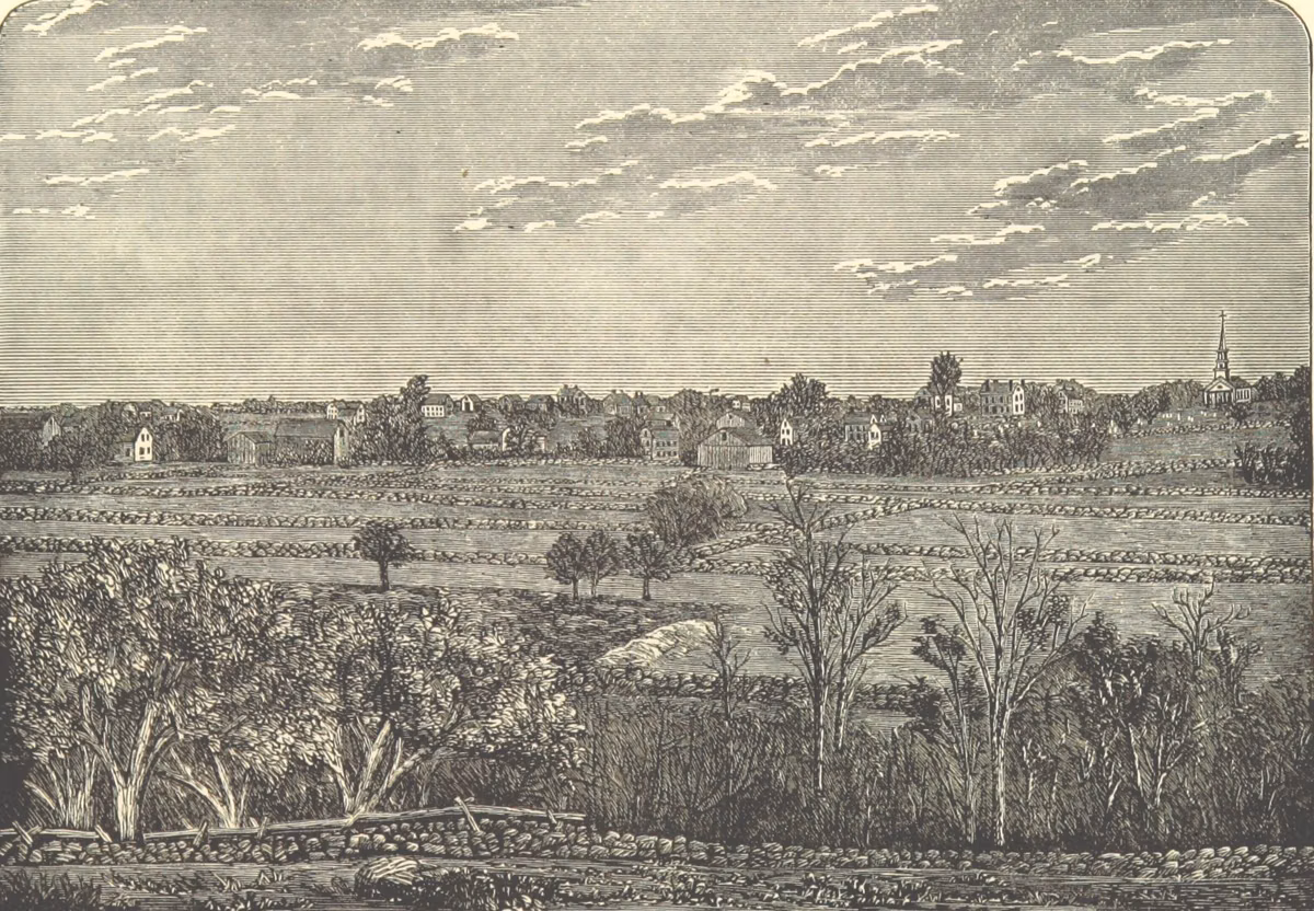 1878 engraving of Sutton Centre, fields and stone walls with the village and church steeple beyond