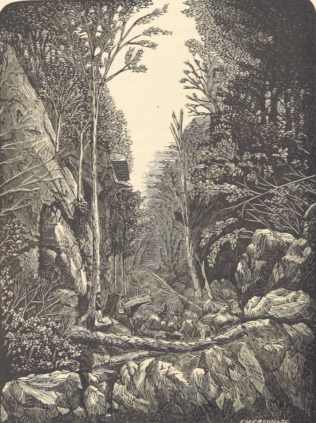 1878 engraving of the entrance to Purgatory Chasm in Sutton, boulders and trees between rock walls