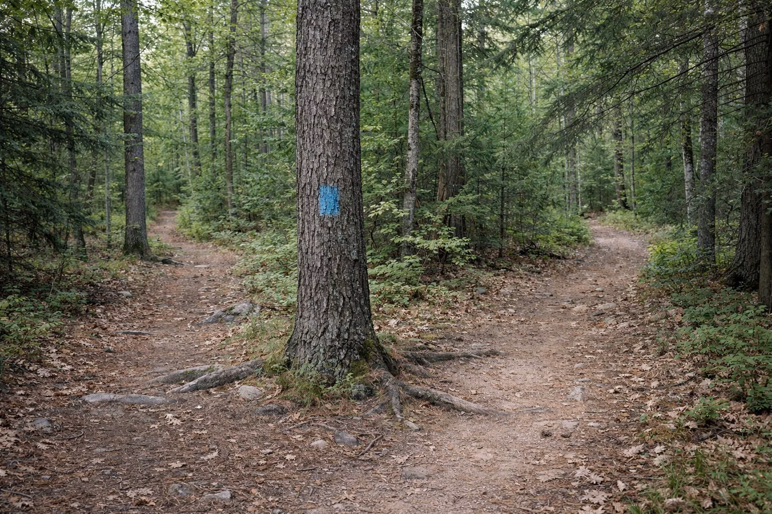 A fork in a woodland path with a blue paint blaze on the tree between the two trails