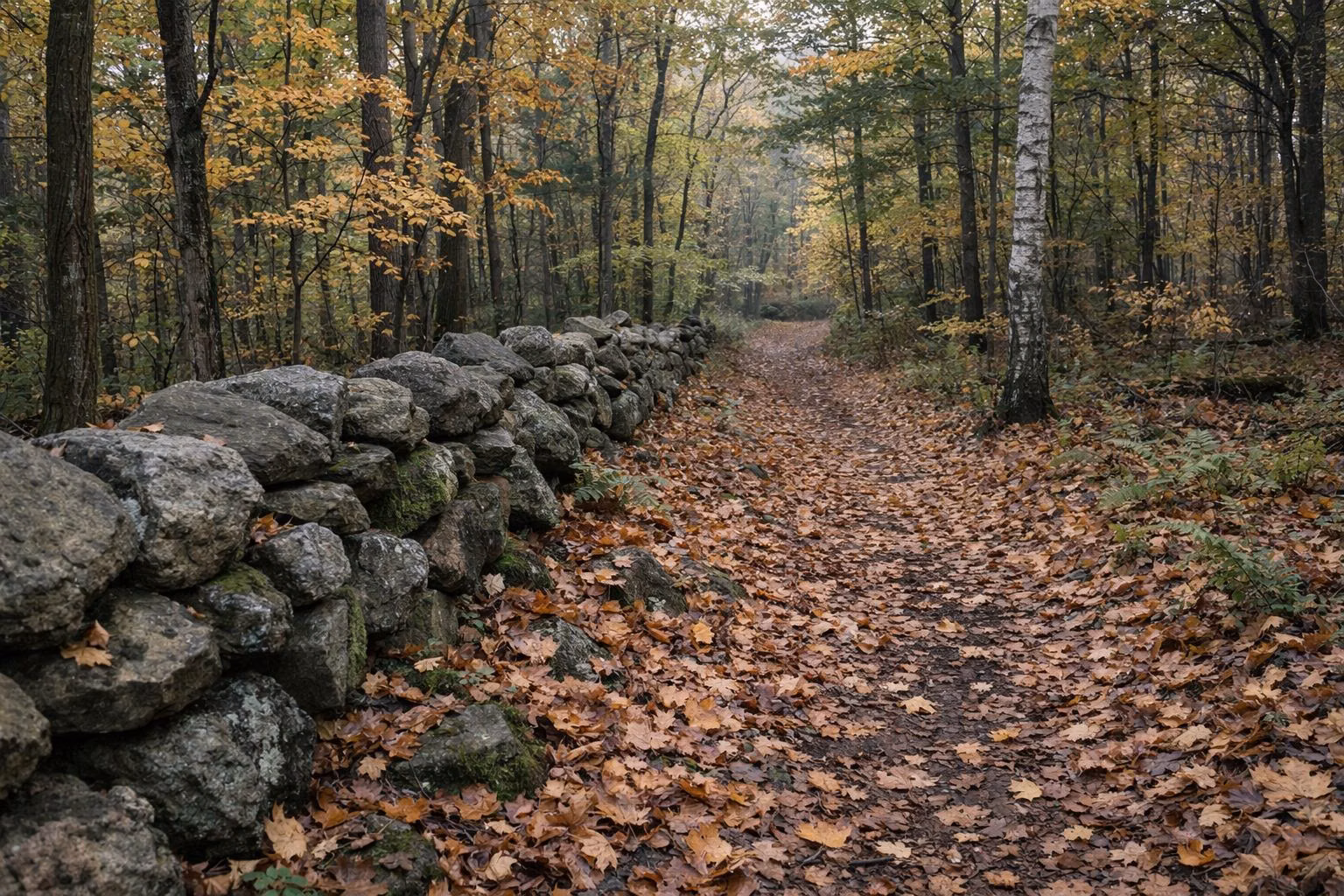 A leaf-covered woodland path beside an old stone wall in autumn