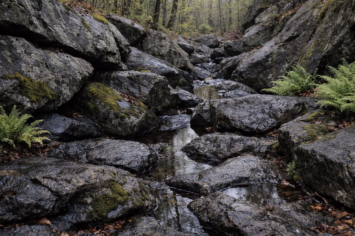 Wet, slick boulders and moss in a shaded rocky ravine after rain