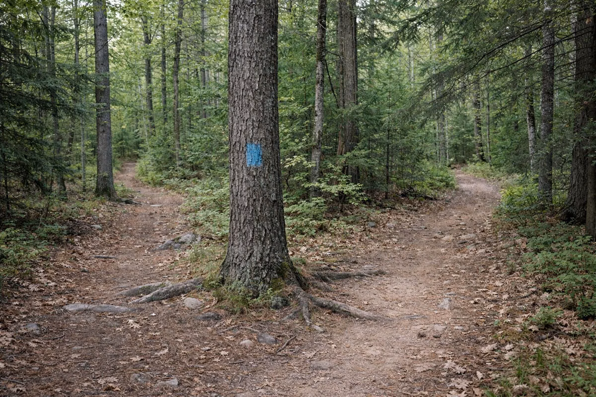 A fork in a woodland path with a blue paint blaze on the tree between the two trails