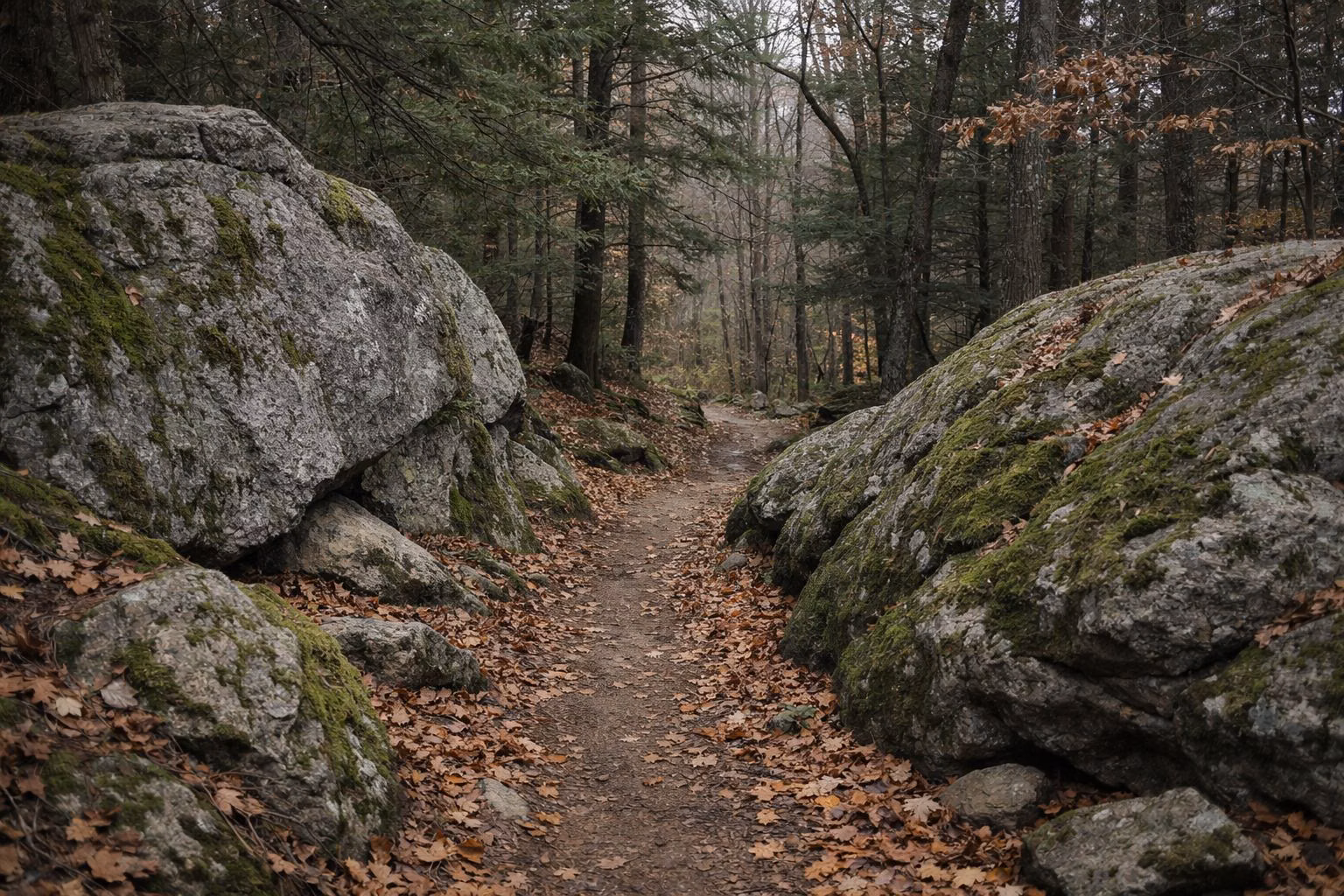 A dirt trail winding between mossy boulders under hemlocks and oaks in autumn