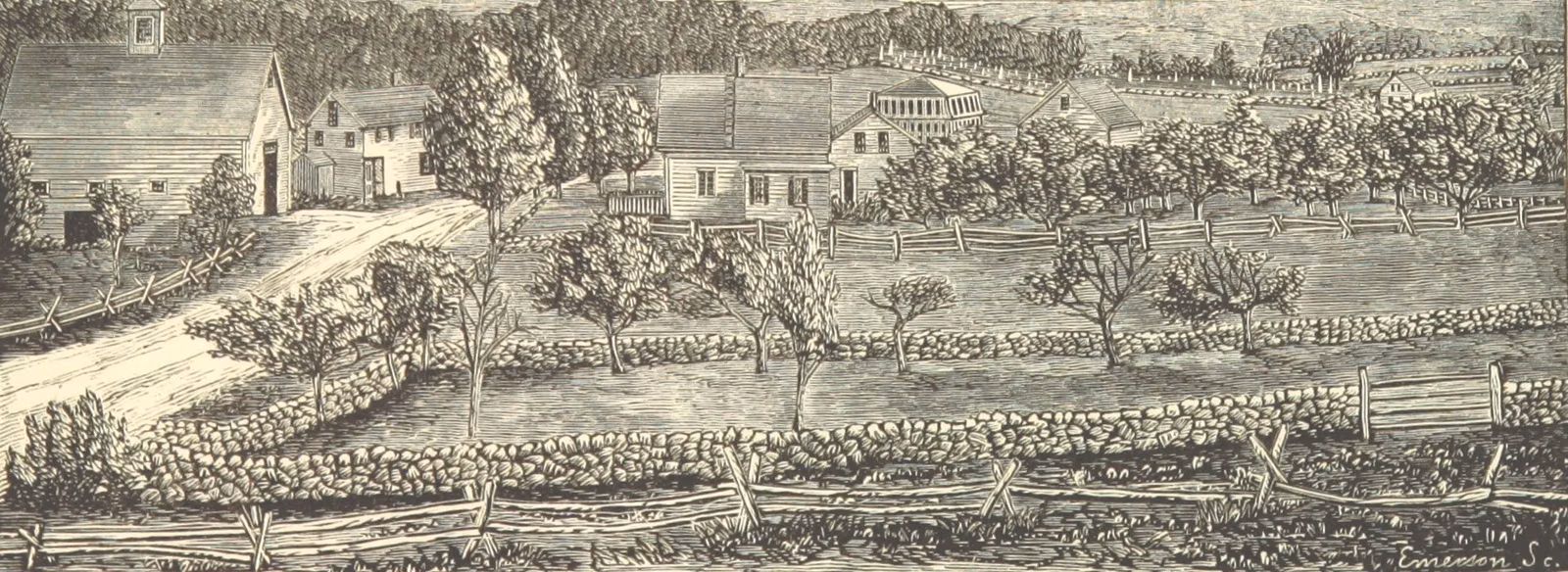 1878 engraving of South Sutton, farmhouses, orchard trees and stone walls