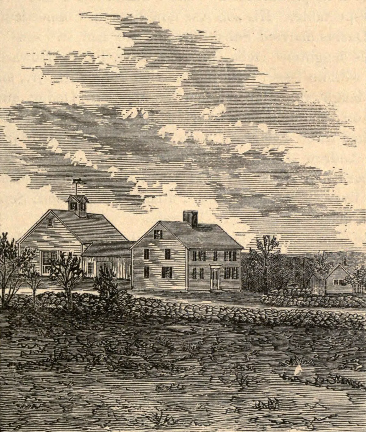 1878 engraving of the Putnam House on Putnam Hill Road in Sutton, a farmhouse behind a stone wall